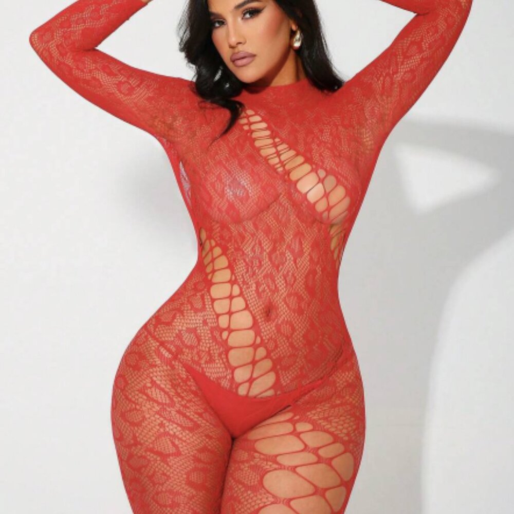 Red Leopard Cut-Out Fishnet Bodysuit Lingerie